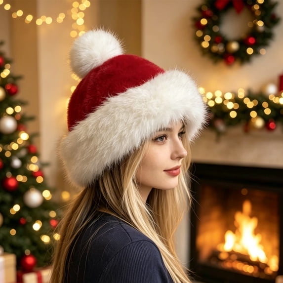 Bexdxz Women’s Christmas Faux Fur Trim Hat, Warm Fluffy Fuzzy Winter Hat, Festive Holiday Party Cap for Cold Weather Wear White