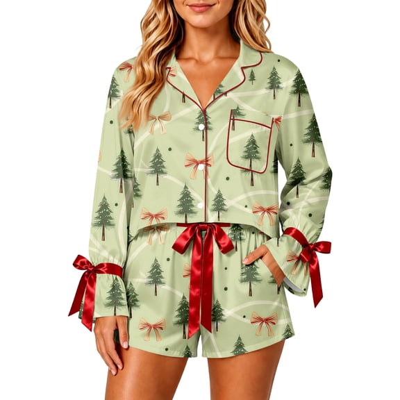 Bexdxz Women's Christmas Santa Print Two Piece Pajama Set, Button Down Long Sleeve Top & Shorts Sleepwear, Festive Holiday Loungewear for Women,Light Green,L