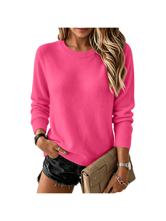 Women's Crewneck Knit Sweater, Long Sleeve Soft Lightweight Pullover Tops, Casual Business Basic Layering Sweater for Everyday Wear Hot Pink L