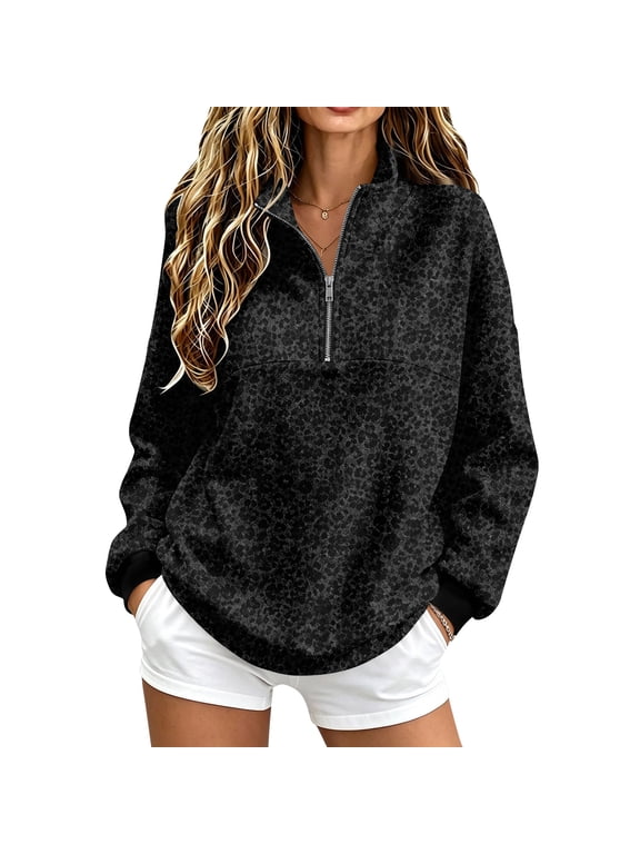 Women's Fashion Floral Print Quarter Zip Sweatshirt, Oversized Mock Neck Long Sleeve Pullover, Loose Fit Casual Vintage Fall Winter Top Black 2XL