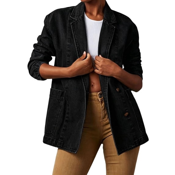 Bexdxz Women's Fashion Lapel Denim Blazer Jacket, Long Sleeve Open‑Front Casual Business Office Jean Coat with Pockets, Loose Fit Trendy Outerwear Black L