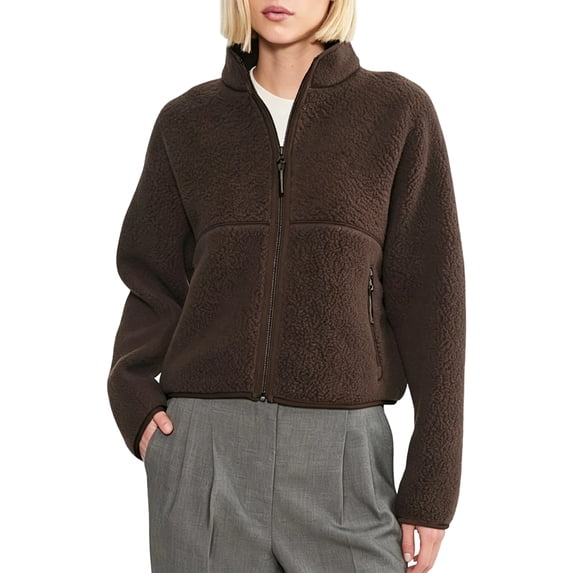 Bexdxz Women's Full Zip Sherpa Fleece Jacket, Stand Collar Fuzzy Plush Zip Up Outerwear with Zipper Pockets, Warm Casual Long Sleeve Coat for Fall Winter Outdoor Activities Brown L