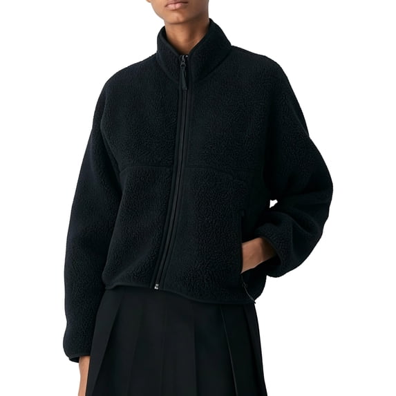 Bexdxz Women's Full Zip Sherpa Fleece Jacket, Stand Collar Fuzzy Plush Zip Up Outerwear with Zipper Pockets, Warm Casual Long Sleeve Coat for Fall Winter Outdoor Activities Black S