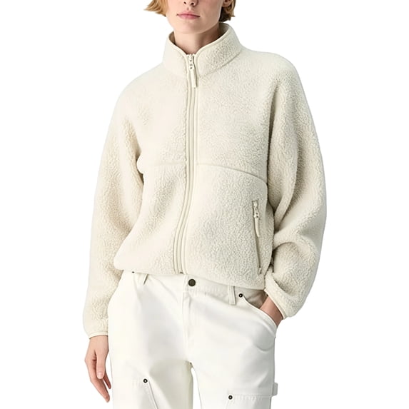 Bexdxz Women's Full Zip Sherpa Fleece Jacket, Stand Collar Fuzzy Plush Zip Up Outerwear with Zipper Pockets, Warm Casual Long Sleeve Coat for Fall Winter Outdoor Activities Beige XS