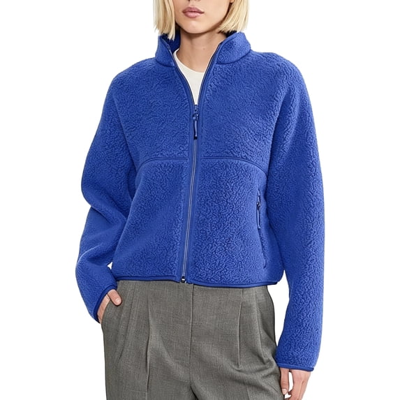 Bexdxz Women's Full Zip Sherpa Fleece Jacket, Stand Collar Fuzzy Plush Zip Up Outerwear with Zipper Pockets, Warm Casual Long Sleeve Coat for Fall Winter Outdoor Activities Royal Blue XL