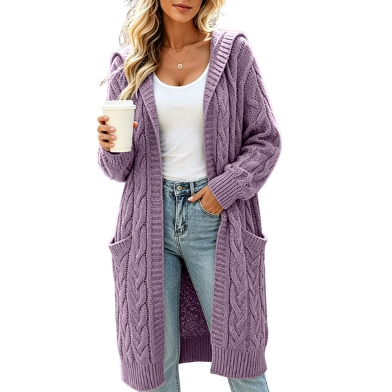 Bexdxz Women's Hooded Cable Knit Long Cardigan, Chunky Knit Sweater Coat with Side Pockets, Solid Color Fall Winter Outerwear Light Purple 4XL