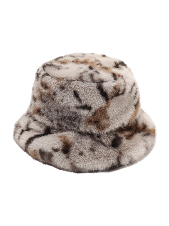 Women's Leopard Print Plush Faux Fur Bucket Hat, Soft Fuzzy Plush Warm Winter Fisherman Hat, Cold Weather Outdoor Hat for Women Gray
