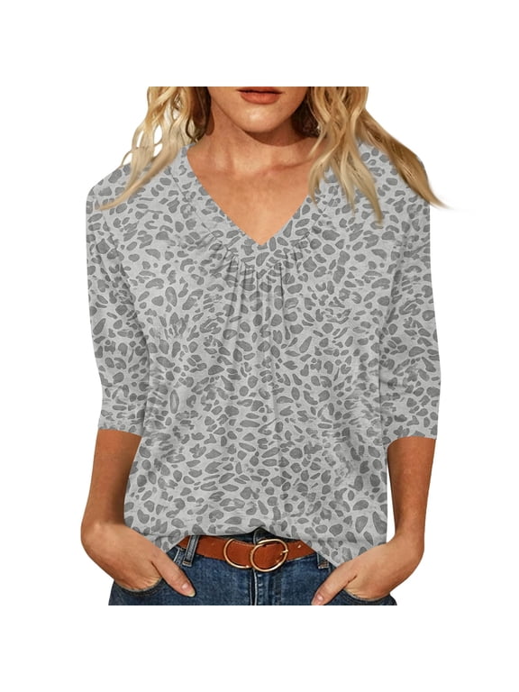 Women's Leopard Print V Neck 3/4 Sleeve Tops, Casual Pleated Front Blouse, Loose Fit Basic Shirts for Everyday Wear Gray S
