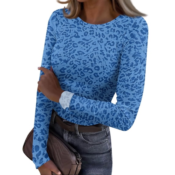 Bexdxz Women's Long Sleeve Crewneck Tops, Leopard Print Slim Fit Stretch Basic Shirt, Soft Fabric Underscrubs for Work & Daily Wear Blue L