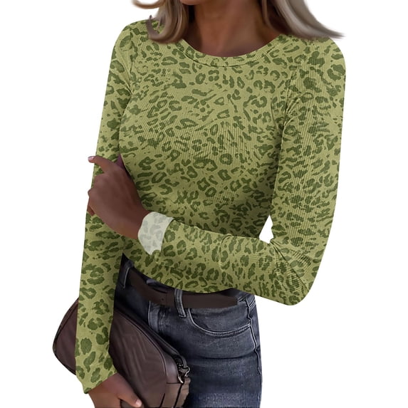Bexdxz Women's Long Sleeve Crewneck Tops, Leopard Print Slim Fit Stretch Basic Shirt, Soft Fabric Underscrubs for Work & Daily Wear Light Green M