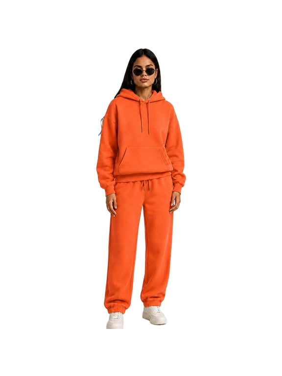 Women's Oversized 2 Piece Matching Sweatsuit Set, Thick Athletic Tracksuit, Comfy Spring Fall Loungewear Outfit for Workout Daily Wear, Plus Size Friendly Orange 3XL