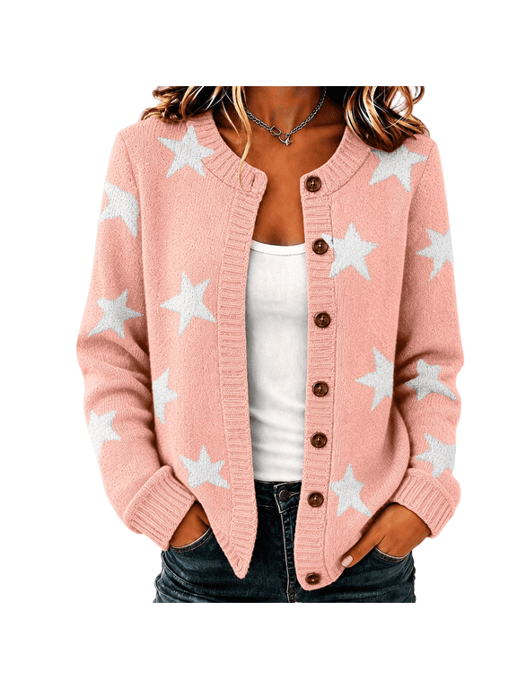 Women’s Star Print Cardigan , Button Down Long Sleeve Crew Neck Knit Jacket, Loose Fit Casual Five‑Pointed Star Knit Outerwear for Fall Winter Daily Wear Pink XL