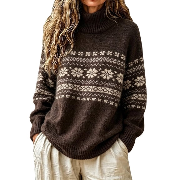Bexdxz Women's Vintage Fair Isle Turtleneck Sweater, Nordic Icelandic Knit Oversized Chunky Pullover, Retro Color Block Fall Winter Christmas Ski Jumper Coffee XL