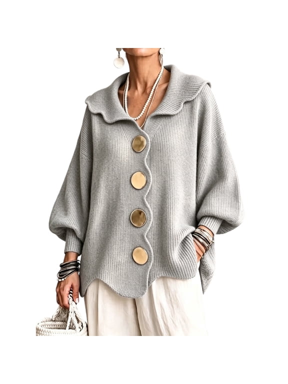 Women's Wavy Collar Knit Cardigan, Oversized Lantern Sleeve Sweater with Large Metal Buttons, Irregular Scalloped Hem Fall Winter Casual Outerwear Light Gray L