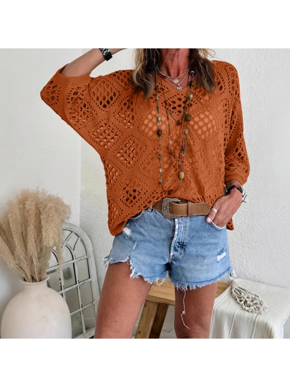 Womens Summer Crochet Long Sleeve Sexy Tops Sweaters for Women 2026 Beach Cover ups Cruise Outfits Orange M