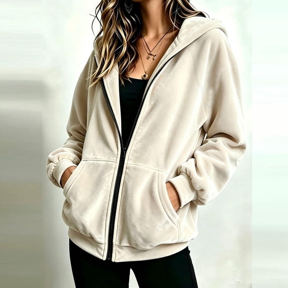 Bexdxz Zip Up Hoodie Women Velvet Elegant Oversized Long Sleeve Hooded Sweatshirt | Womens Hoodies Pullover 2026 Velvet Oversized Loose Fit Full Zip Hooded Beige XL