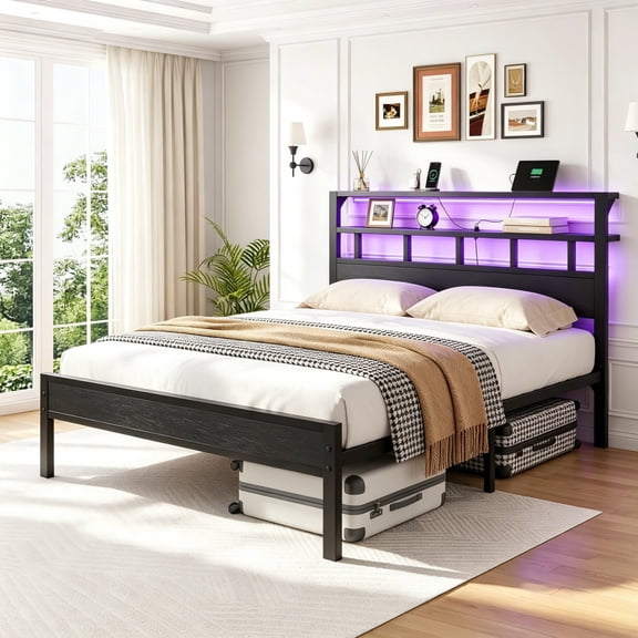 Bexfil Full Bed Frame with Storage Headboard and LED Light, Metal Platform Bed Station with Charging Station, Noise-Free, No Box Spring Needed