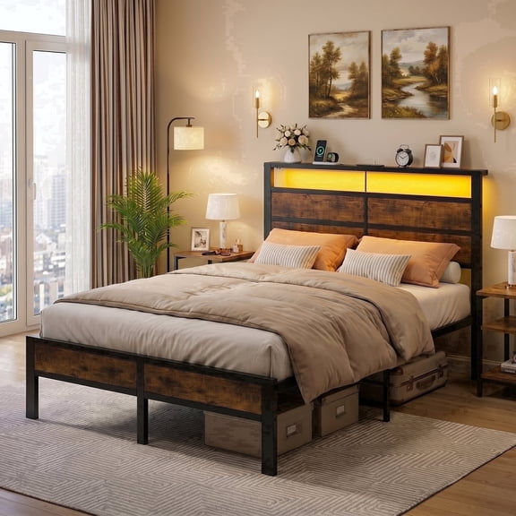 Bexfil Full Size Bed Frame,Heavy Duty Metal Platform with Storage Headboard and LED Light,No Box Spring Needed,Easy Assembly,Brown