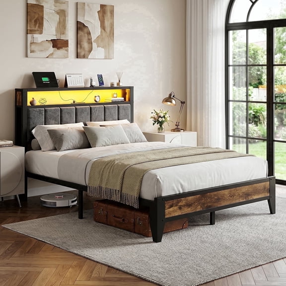 Bexfil Queen Size Bed Frame with LED Light, Charging Station and Storage Headboard, Platform Bed Frames Weight Capacity of 1400 lbs