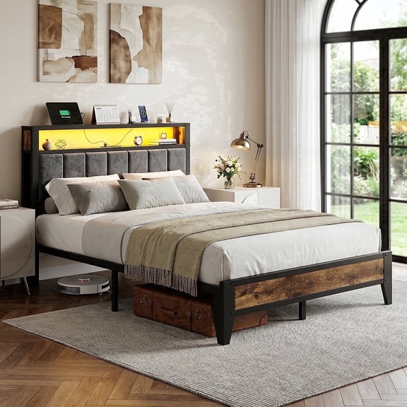 Bexfil Queen-XL Size Bed Frame with LED Light, Charging Station and Storage Headboard, Platform Bed Frames Weight Capacity of 1400 lbs