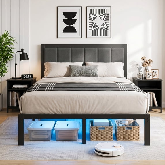 Bexfil Full Size Upholstered Bed Frame with Metal Slat Support, Metal Platform Bed Frame Charging Station Mattress Foundation, Gray