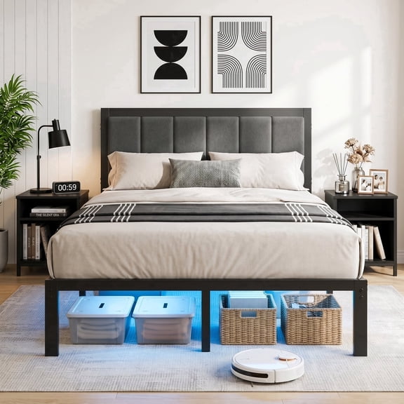 Bexfil Full Size Upholstered Bed Frame with Metal Slat Support, Metal Platform Bed Frame Charging Station Mattress Foundation, Gray