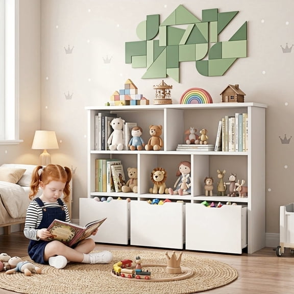Bexfil Kids Bookshelf and Toy Storage, Kids Toy Storage Organizer, Toy Storage Cabinet with Toy Shelf, Toddler Bookshelf Toy Organizer and Storage Bins