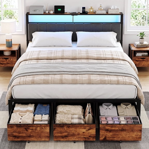 Bexfil King Size Bed Frame with Built in Charging Station and LED Light, Metal Platform Bed Frames with 3 Storage Drawers, Noise-Free,Metal Support, No Box Spring Needed, Brown