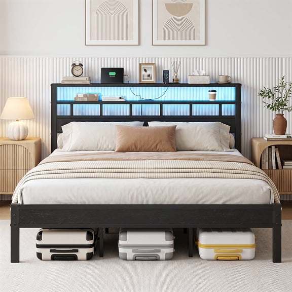 Bexfil King Bed Frame with Storage Headboard and LED Light, Metal Platform Bed Station with Charging Station, Noise-Free, No Box Spring Needed