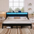 thumbnail image 1 of Bexfil King Size LED Bed Frame with Charging Station, Modern Metal Platform Bed with Wood Headboard, Black Oak, 1 of 6