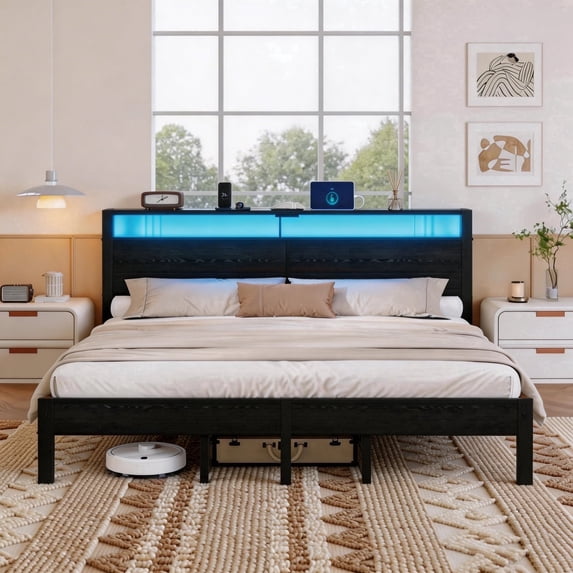Bexfil King Size LED Bed Frame with Charging Station, Modern Metal Platform Bed with Wood Headboard, Black Oak