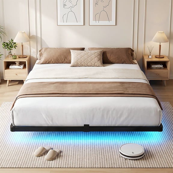 Bexfil King Size LED Floating Bed Frame with Remote Control and Charging Station, No Box Spring Needed, Easy to Assemble