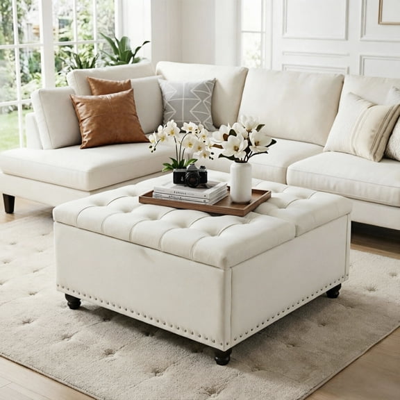 Bexfil Large Square Storage Ottoman, Coffee Table Storage Ottoman, Tufted Upholstered Oversized Square Ottoman for Living Room, White