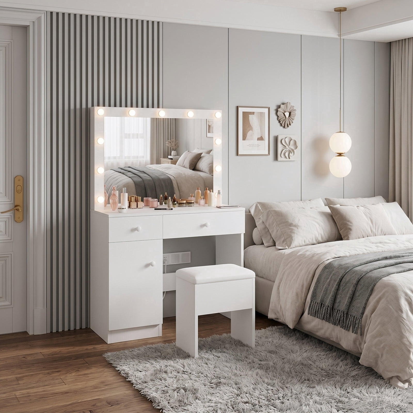 Bexfil Makeup Vanity Desk with Mirror and Power Outlet, White Vanity Desk Set with 3 Color Light Options Adjustable Brightness, Big Vanity with 2 Drawers, 1 Storage Cabinets
