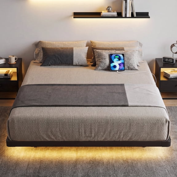 Bexfil Modern Floating Full Size Bed Frame with LED Lights, Sturdy Metal Platform Bed with Round Safety Corners and Mattress Stabilizers, 900lbs Heavy Duty Support, Easy Assembly