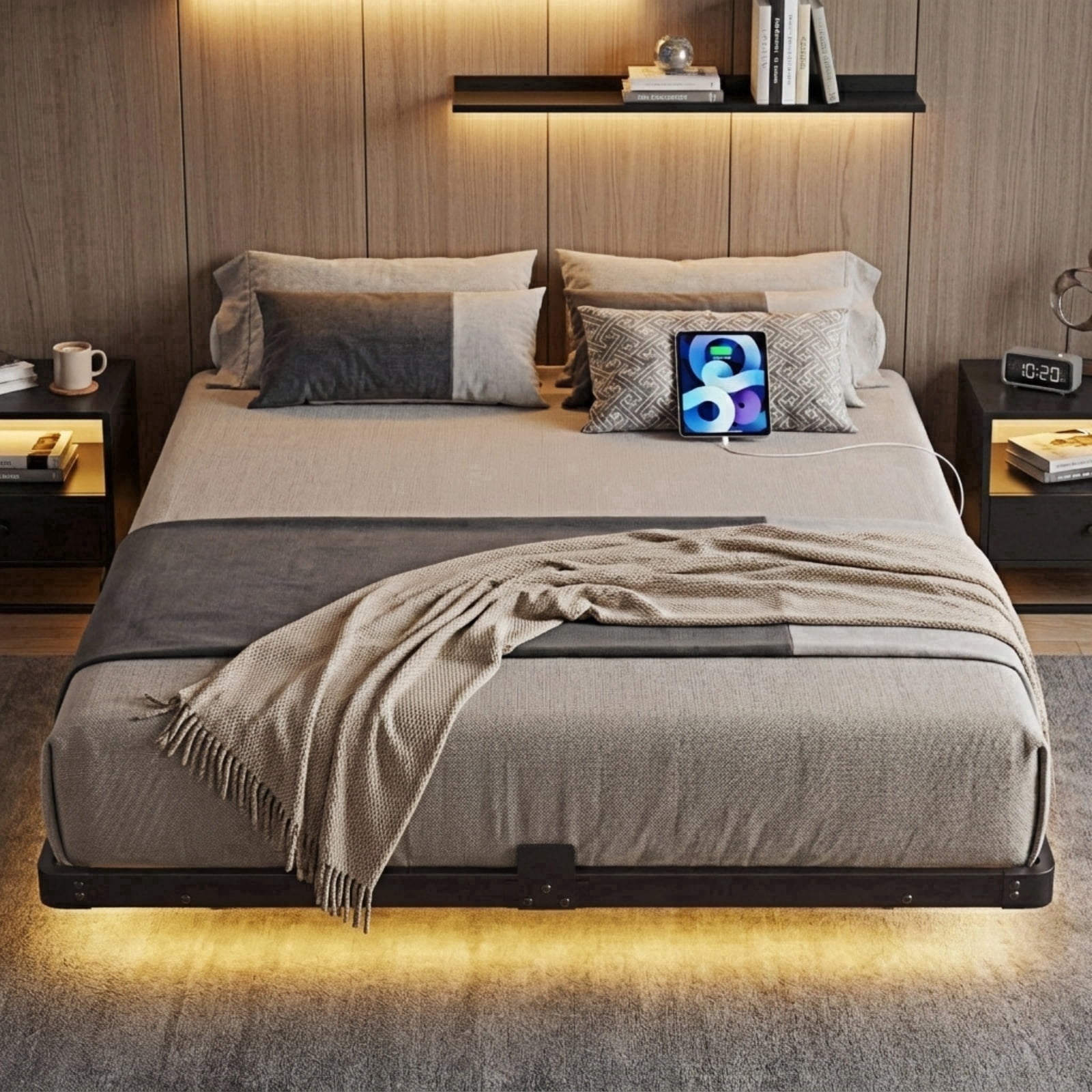 Custom Round Platform Bexfil Modern Floating Twin Size Bed Frame with LED Lights, Sturdy ...