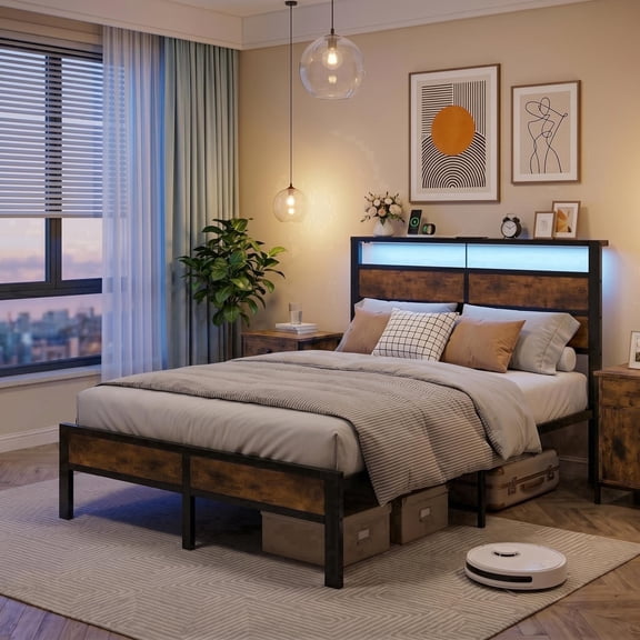 Bexfil Queen Platform Bed with Charging Station and LED Lights,Wood Headboard Bed Frame with USB Ports and Power Outlet, Noise-Free, No Box Spring Needed, Brown