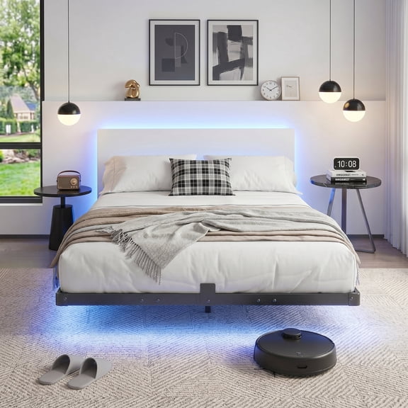 Bexfil Queen Size LED Floating Bed Frame with Remote Control and Charging Station, No Box Spring Needed, Easy to Assemble