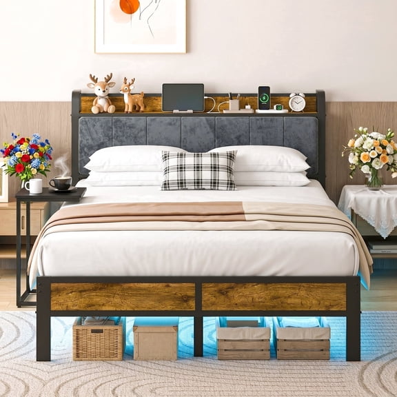 Bexfil Queen Size Platform Bed Frame with Storage Headboard, LED Bed Frame with Charging Station, Heavy Duty Metal, Noise-Free, No Box Spring Needed, Easy Assembly