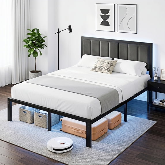 Bexfil Queen Size Upholstered Bed Frame with Metal Slat Support, Metal Platform Bed Frame Charging Station Mattress Foundation, Gray