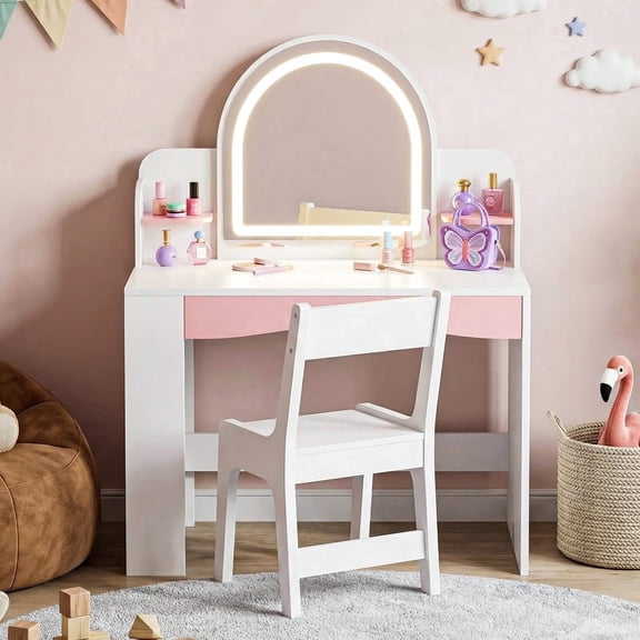 Bexfil Toddler Vanity with Lights and Chair Set, Kids LED Makeup Table with Adjustable Brightness & 3 Lighting Modes, Open Shelves and Bookshelf for Bedroom Playroom
