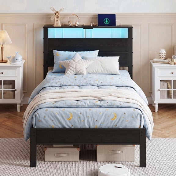 Bexfil Twin Size LED Bed Frame with Charging Station, Modern Metal Platform Bed with Wood Headboard, Black Oak
