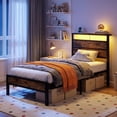 thumbnail image 1 of Bexfil Twin Platform Bed with Charging Station and LED Lights - Wood Headboard Frame with USB Ports and Power Outlet - Noise-Free, No Box Spring Needed, Brown, 1 of 8