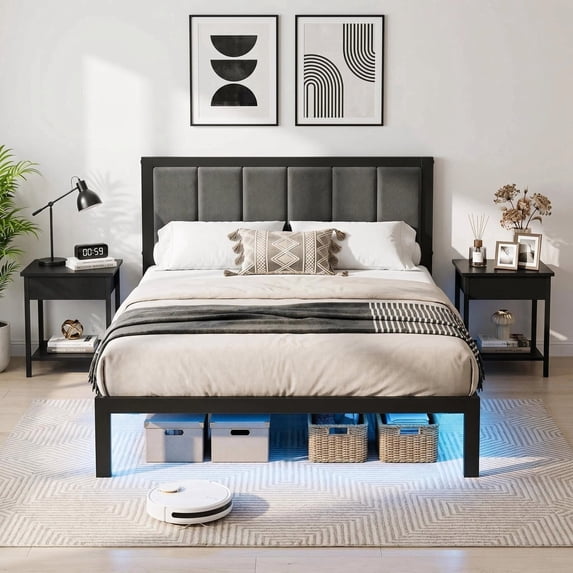 Bexfil Twin Size Upholstered Bed Frame with Metal Slat Support, Metal Platform Bed Frame Charging Station Mattress Foundation, Gray