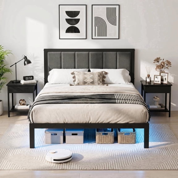 Bexfil Twin Size Upholstered Bed Frame with Metal Slat Support, Metal Platform Bed Frame Charging Station Mattress Foundation, Gray