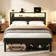Bexfil Full Size Bed Frame with Upholstered Headboard, LED Lights and Charging Station, Heavy Duty Metal Platform Bed Frame, Noise Free, No Box Spring Needed, Black