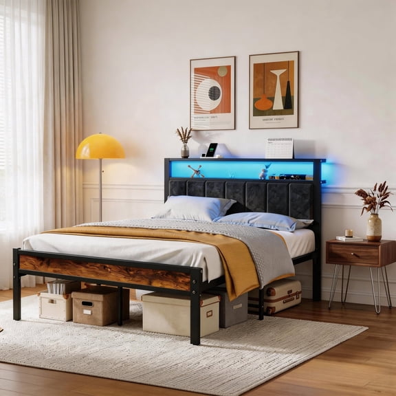 Bexfil Upholstered Full Size Bed Frame with LED Lights Charging Station Shelf Headboard Heavy Duty Metal Platform Bed, Noise Free,Brown