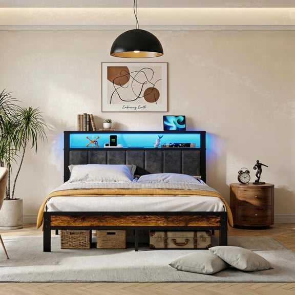 Bexfil Queen Size Platform Bed Frame with Fabric Upholstered Headboard, LED Lights and Charging Station, Metal Platform Bed Frame for Living Room Bedroom, Noise Free, No Box Spring Needed, Brown