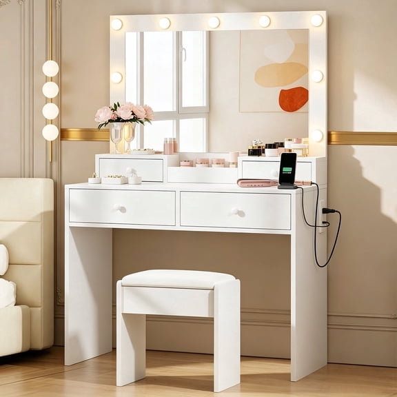 Bexfil Vanity Desk with LED Lights Mirror and Power Outlet, Makeup Desk with 4 Drawers, Adjustable Brightness for Bedroom