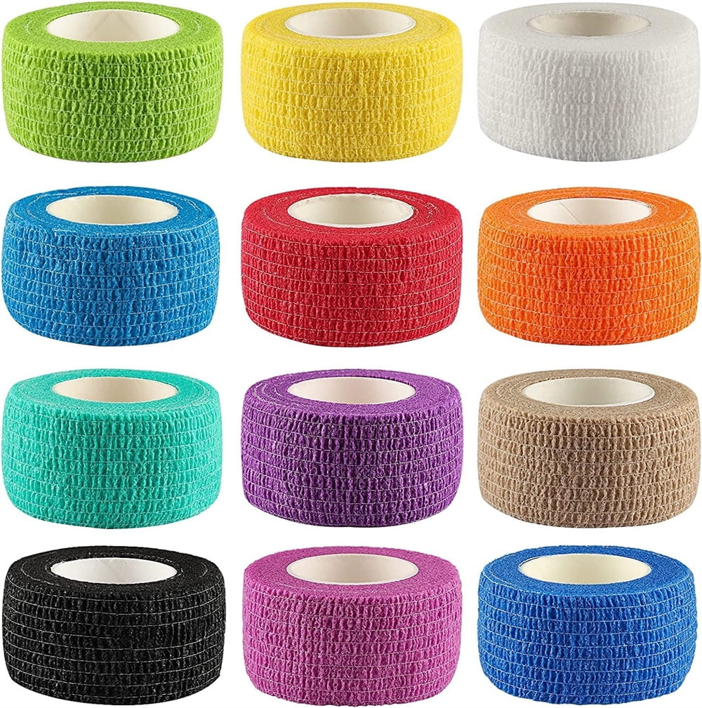Bexikou 12 Pack 1 in x 5 Yards Cohesive Bandage, Self Adhesive Bandage Wrap, Elastic Self Adherent Wrap, Self Stick Vet Tape for Athletic, Wrist, Ankle, Knees, Pets (Mixed Colors)